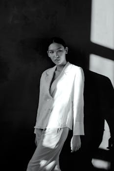 Black and white portrait of a stylish Asian woman in elegant attire, indoors.