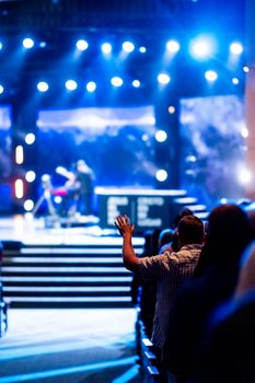 A vibrant concert scene with an audience member raising a hand, showing the lively atmosphere.