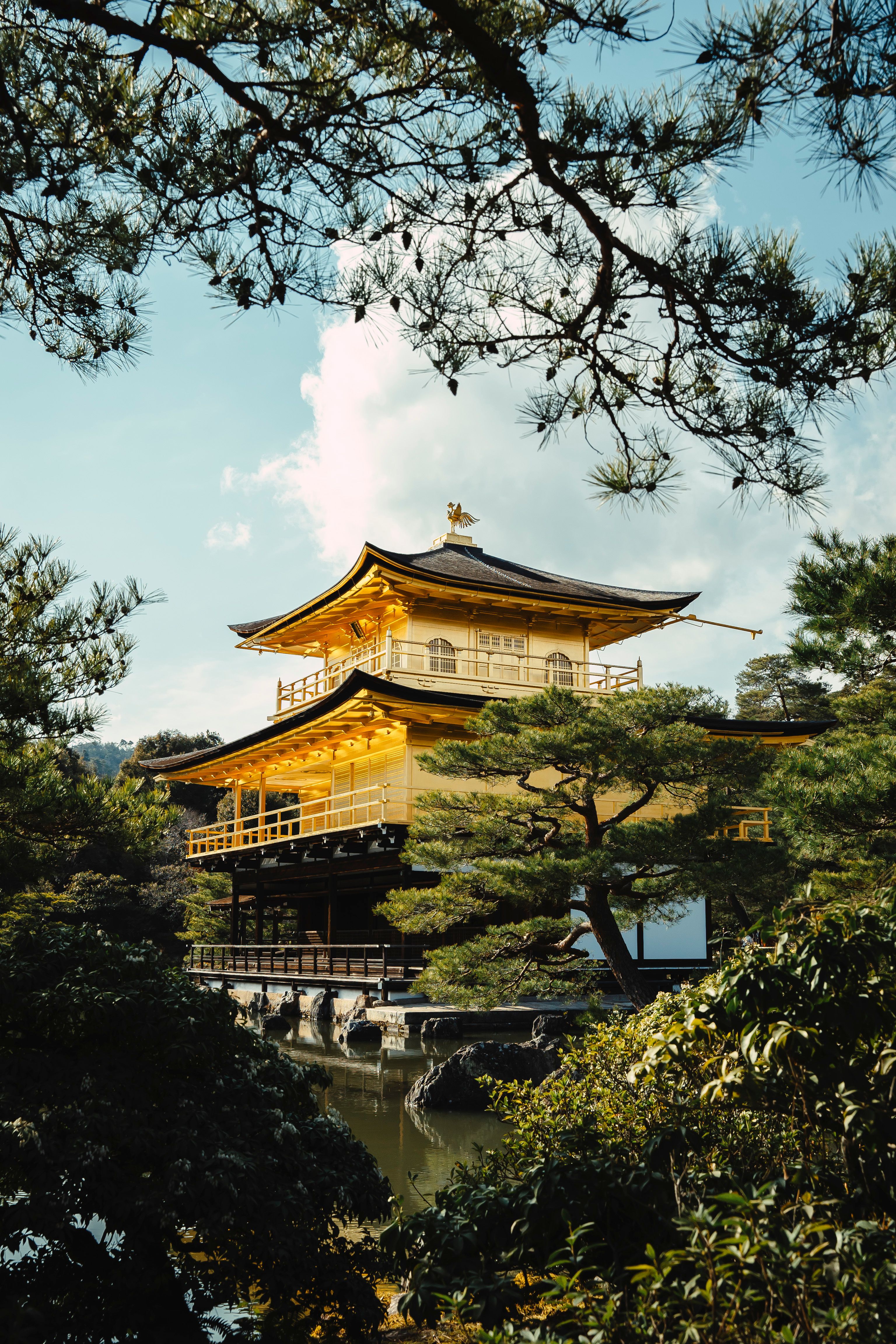 Scenic view of the Golden Pavilion temple in Kyoto with lush greenery and tranquil water reflections.