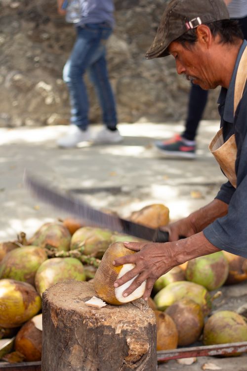 Free A street vendor cuts open a coconut with a machete on a sunny day. Stock Photo