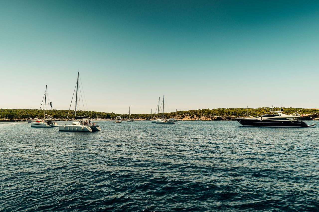 Sailboats and a motor yacht anchored near a wooded coastline at dusk