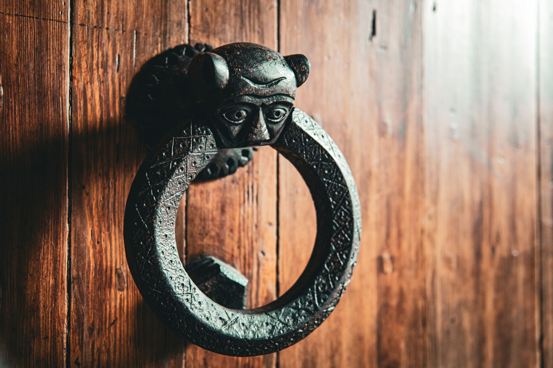 Close-up of a vintage metal door knocker on a wooden door, in rustic style, CT Spain.