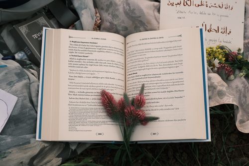 Free An open book with flowers placed on the pages, accompanied by handwritten notes and traditional script. Stock Photo