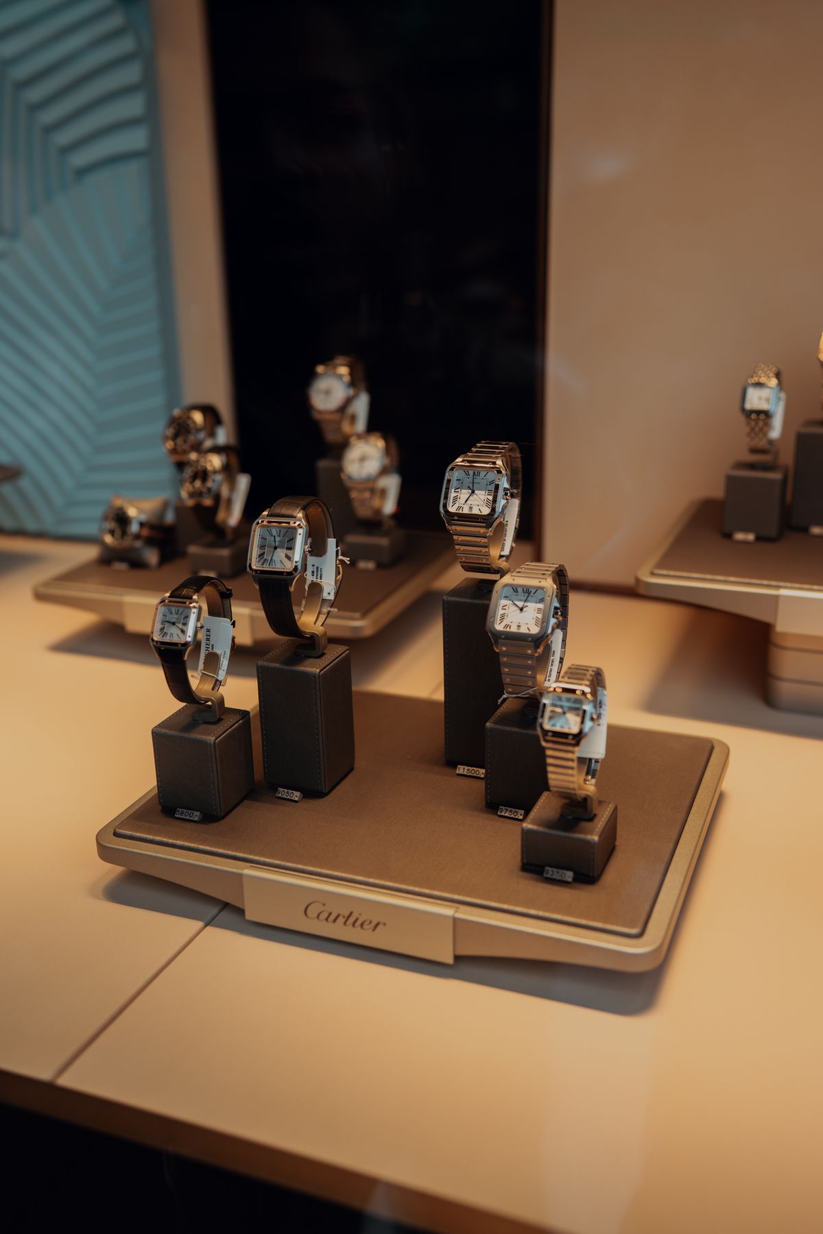 Luxury watches displayed in a jewelry store