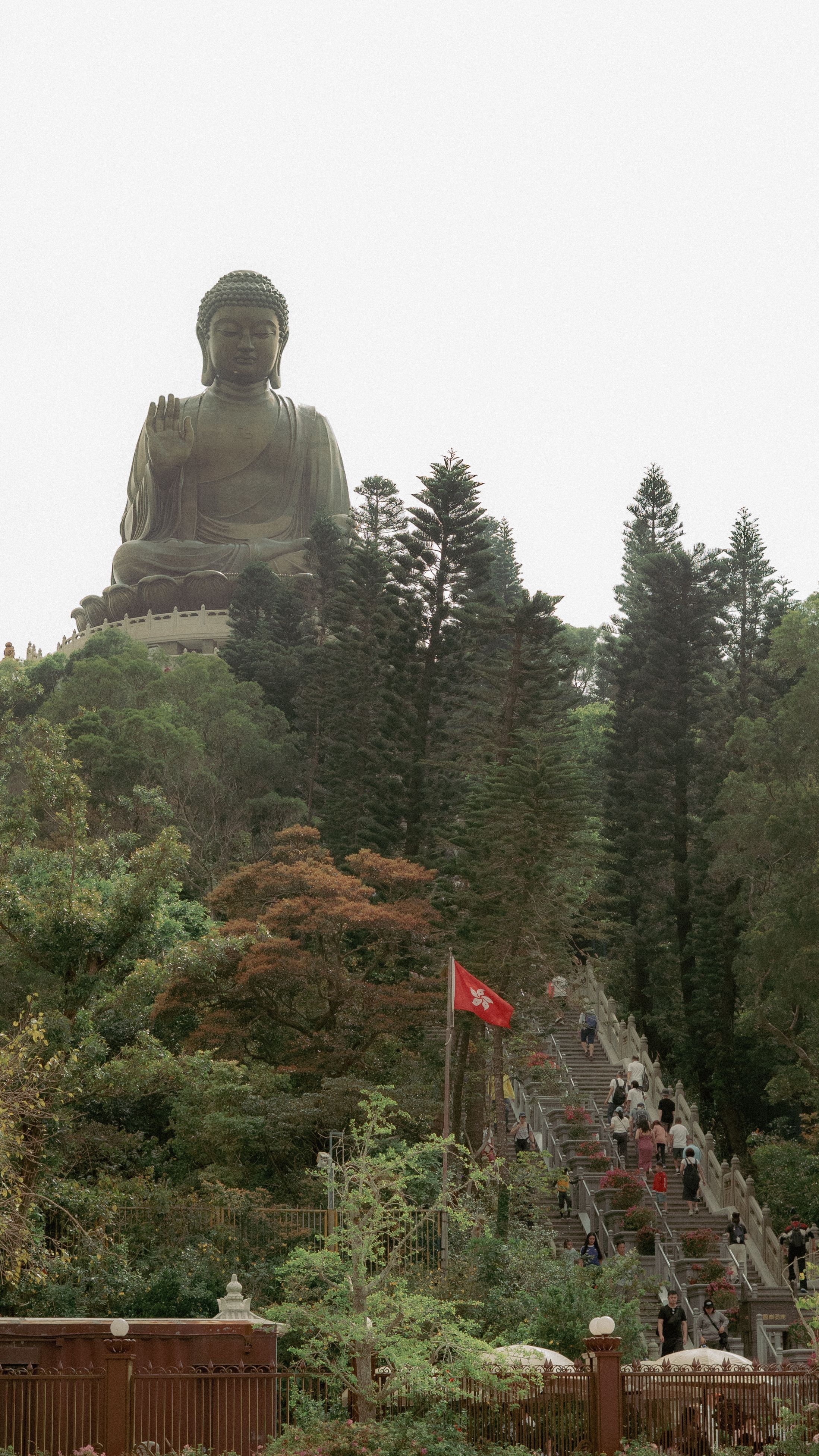 The majestic Tian Tan Buddha statue in Hong Kong, surrounded by lush greenery and vibrant trees.
