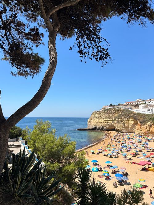 Free Vibrant beach scene in Carvoeiro, Algarve, Portugal featuring colorful umbrellas and ocean view. Stock Photo