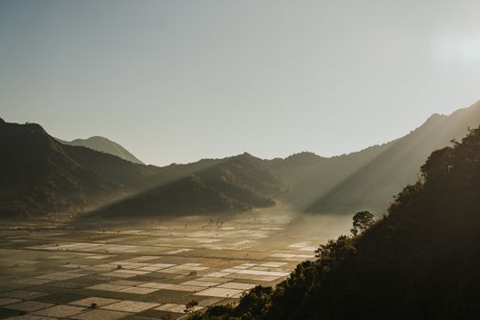 Beautiful sunrise illuminating rice fields and mountains in West Nusa Tenggara, Indonesia.