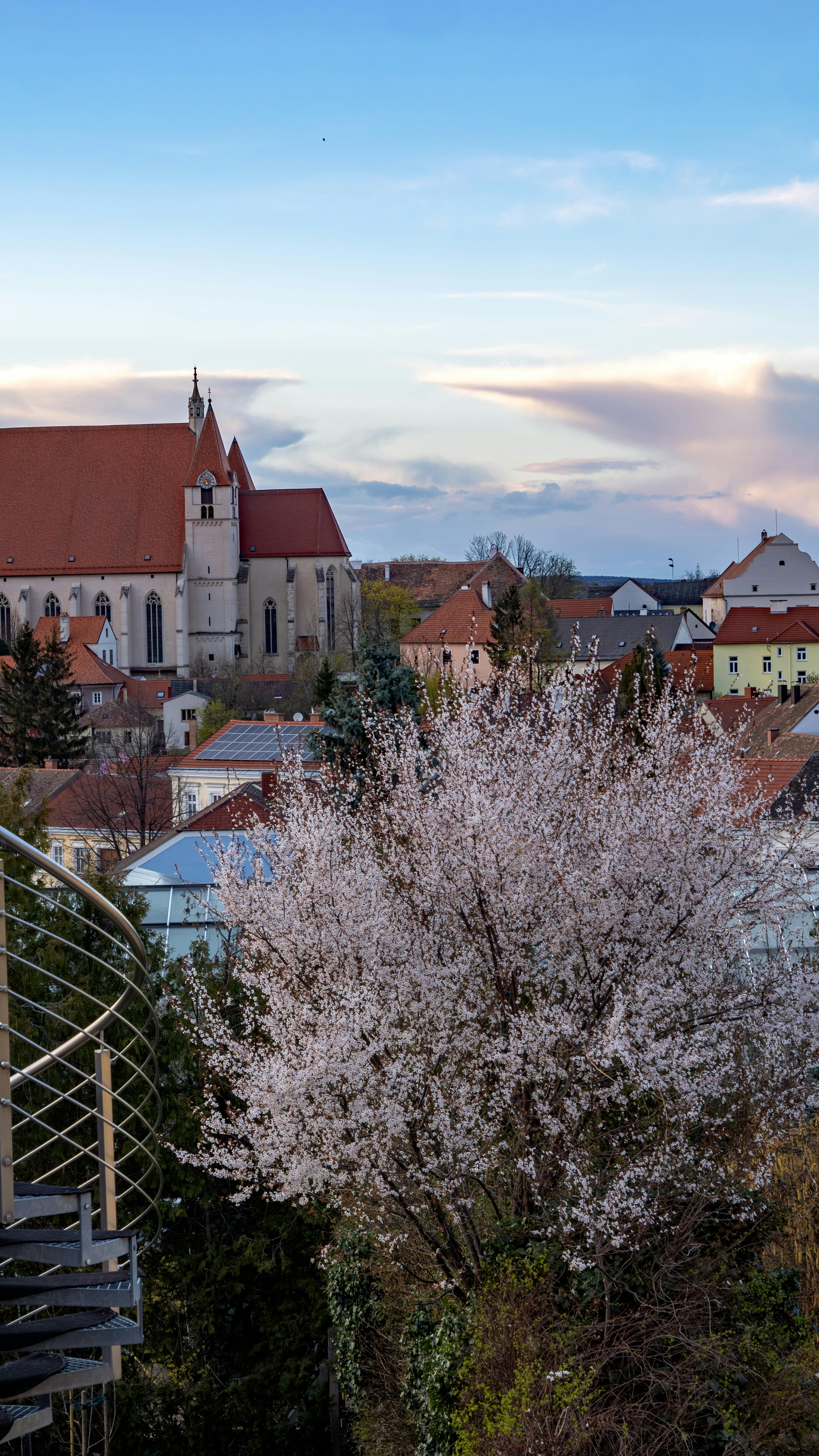 Charming view of Eggenburg, Austria with blossom and historic church.