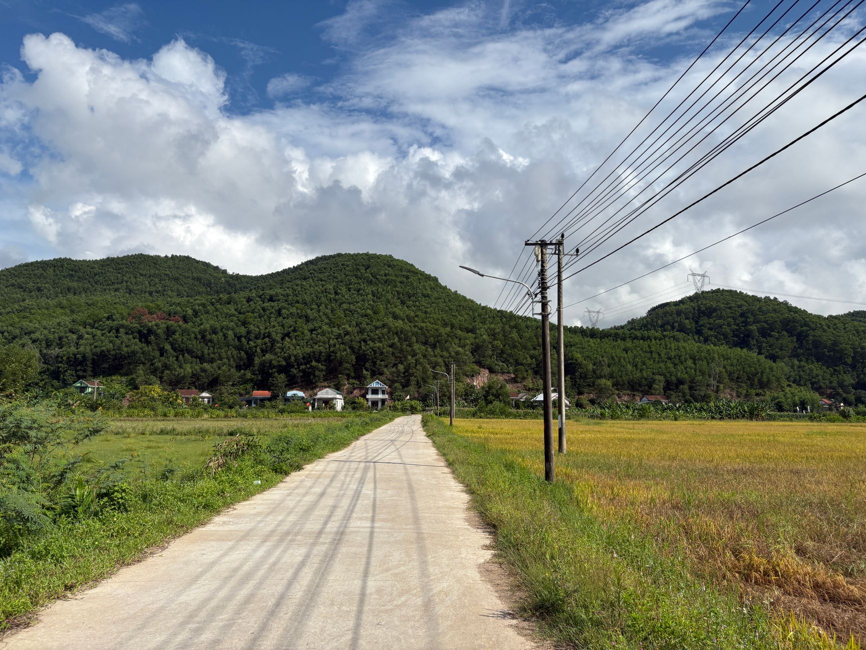 A serene rural road cuts through the lush, green Vietnamese countryside with distant hills and clear skies.