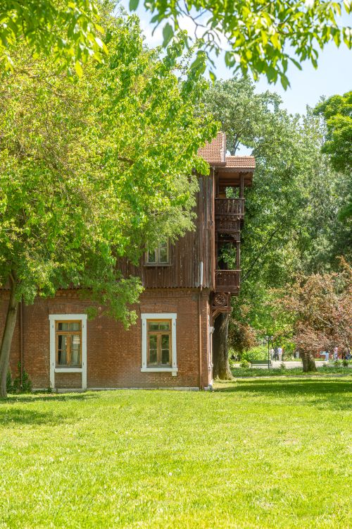 Free Rustic wooden house surrounded by vibrant trees in a sunny park setting, perfect for escape. Stock Photo