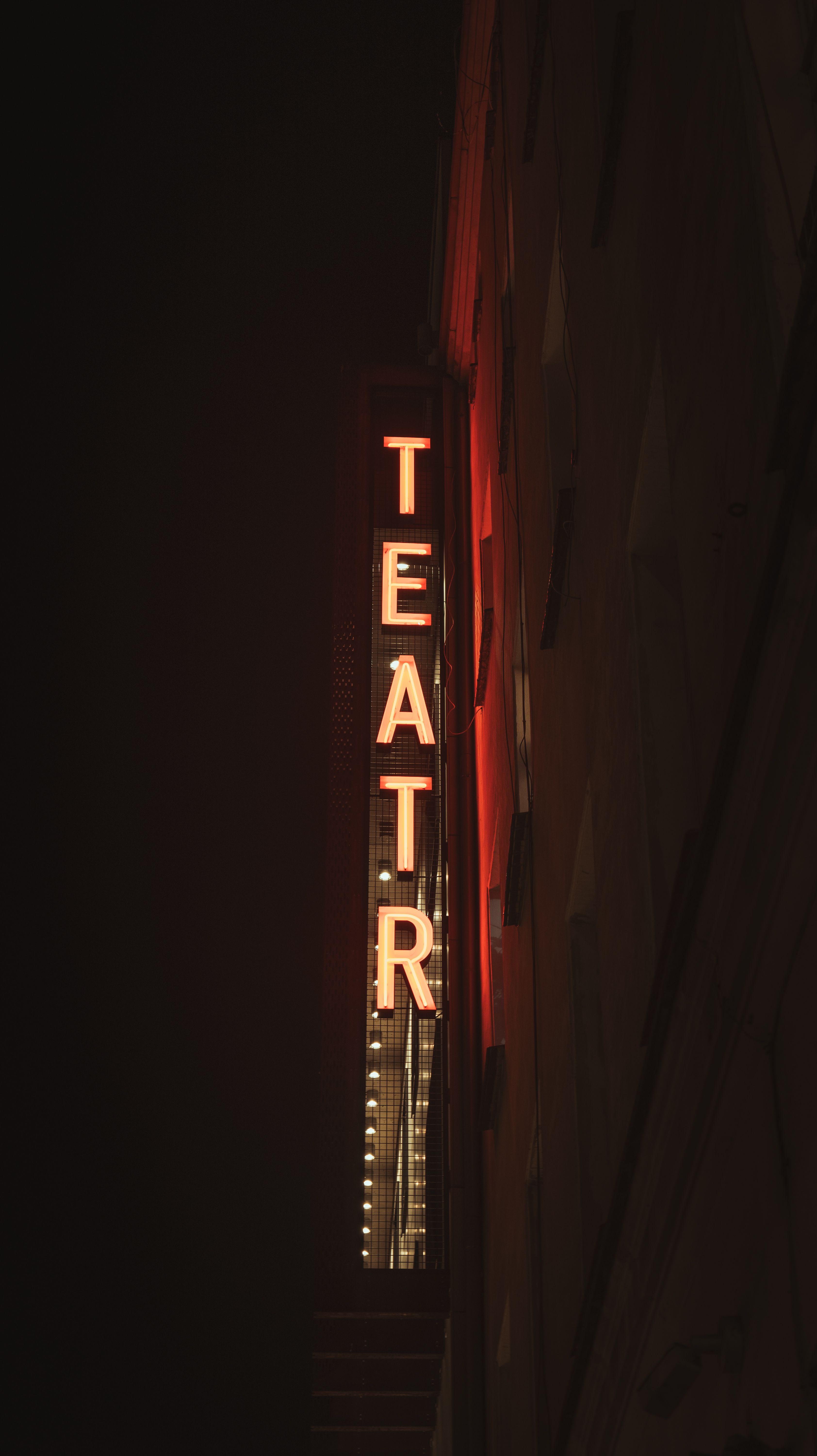 Vertical neon theater sign glowing at night against a dark, moody urban background.