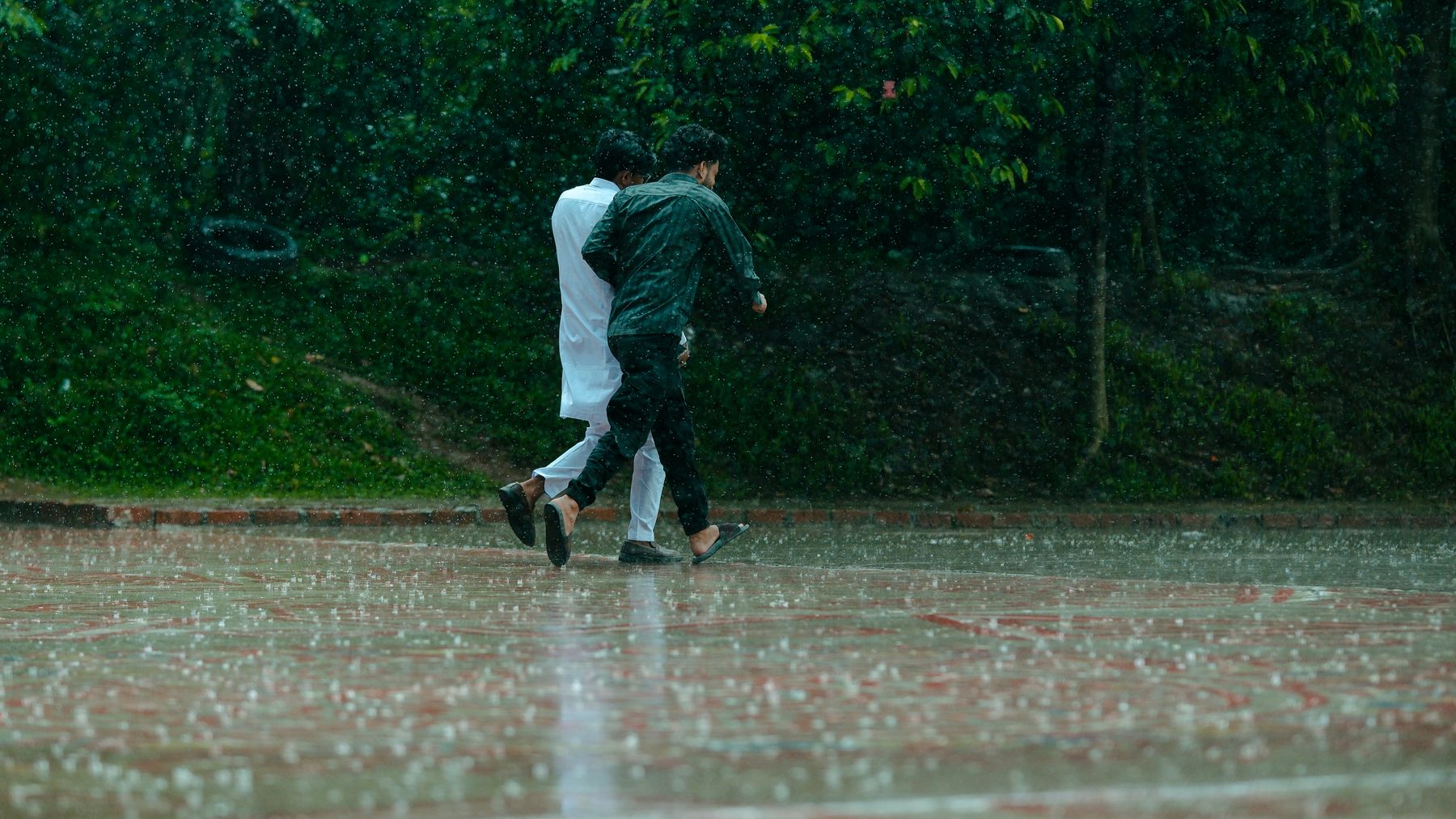 Two people walk together in heavy rain on a paved outdoor path surrounded by greenery.