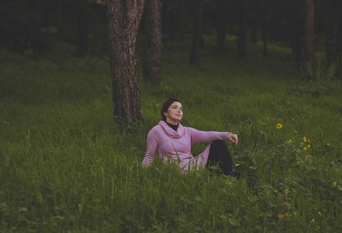 Free A woman in a pink sweater sits peacefully in a lush forest clearing surrounded by trees and grass. Stock Photo