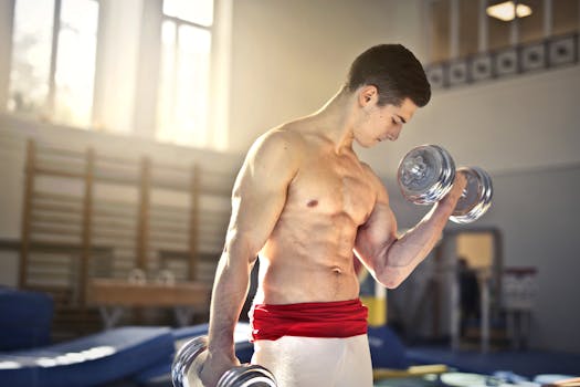 Fit man lifting dumbbells in gym, showcasing strength and muscular physique indoors.