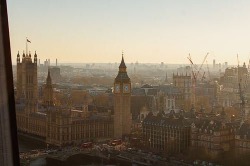 Free A stunning aerial view of Big Ben and the London skyline at sunset, capturing iconic architecture. Stock Photo