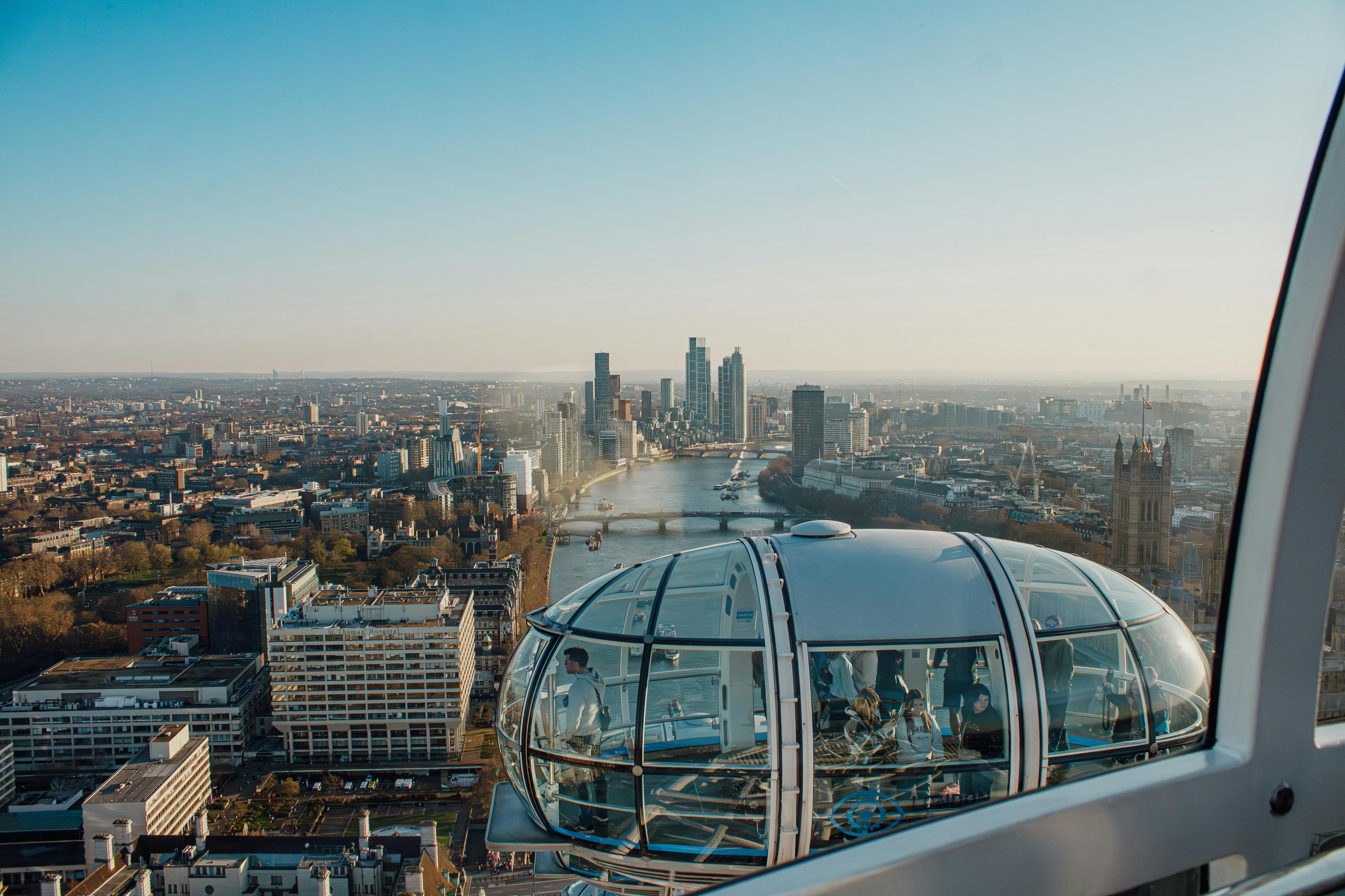 A breathtaking aerial view of London seen from the London Eye, capturing the River Thames and city skyline.
