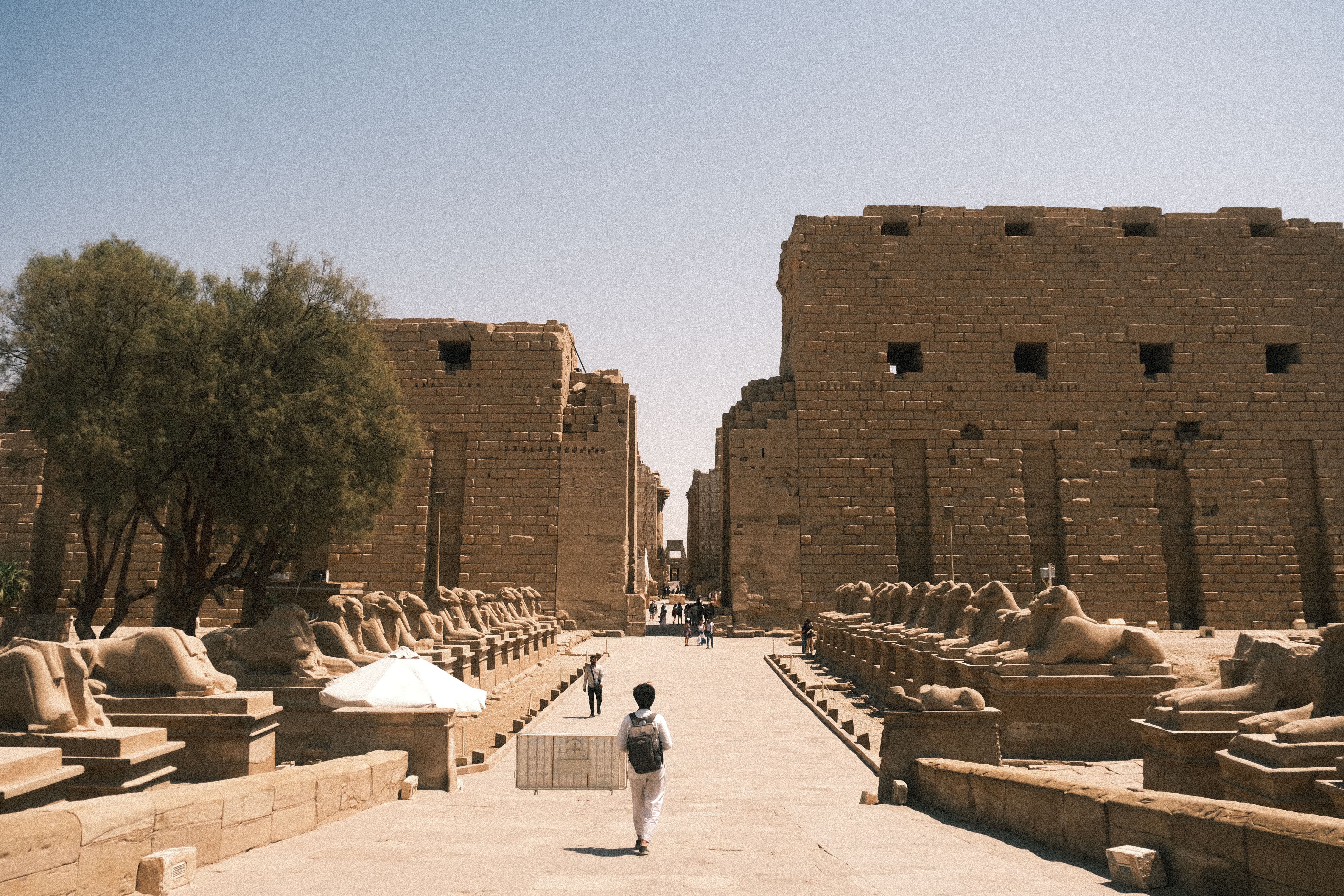 Läufer überqueren die Ziellinie des Luxor-Marathons vor dem Karnak-Tempel
