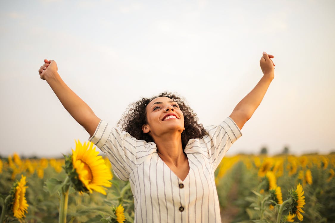 Free Photo Of Woman Standing On Sunflower Field Stock Photo