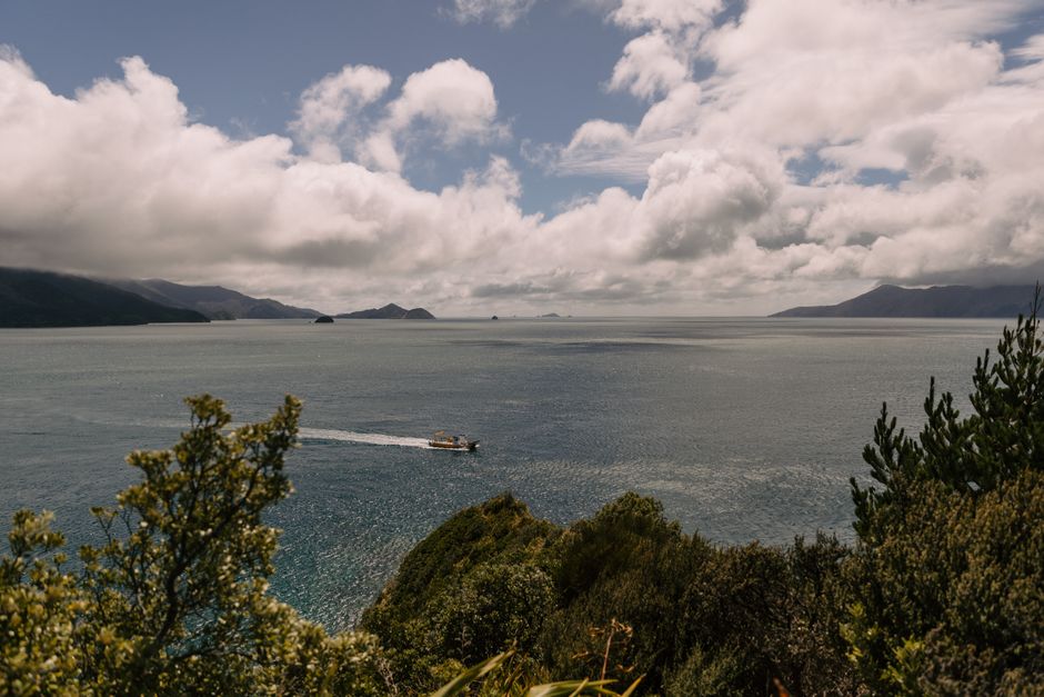 A serene coastal landscape featuring a boat on the water and lush greenery under a cloudy sky.