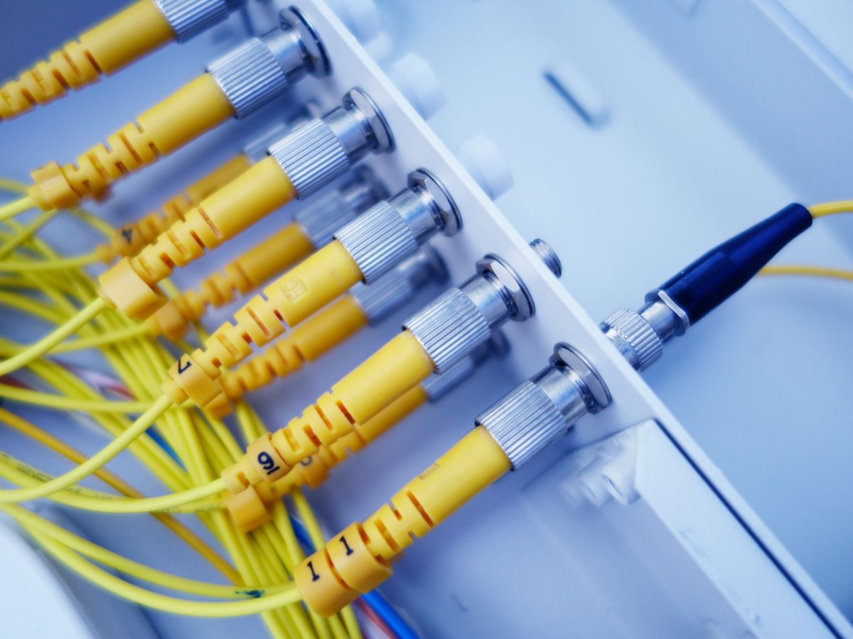 Close-up of yellow fiber optic cables in a network server, showcasing fast data transfer