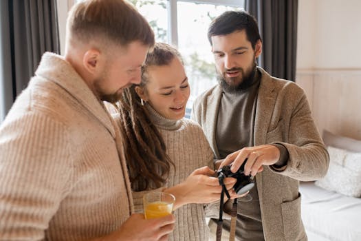 三个成年人在舒适的室内环境中，看着相机照片