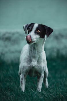 一只可爱的黑白小狗站在绿草地上，顽皮地舔着鼻子