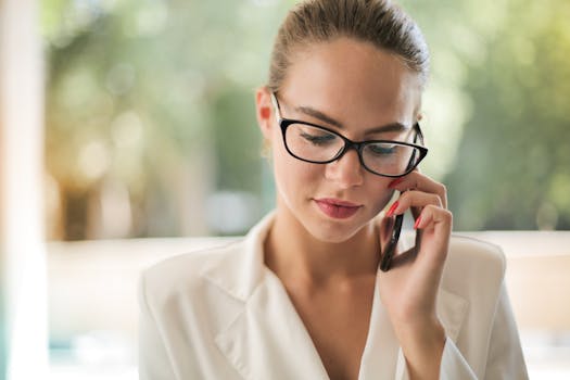 一位戴着眼镜、使用手机的优雅女性，营造出既现代又专业的氛围