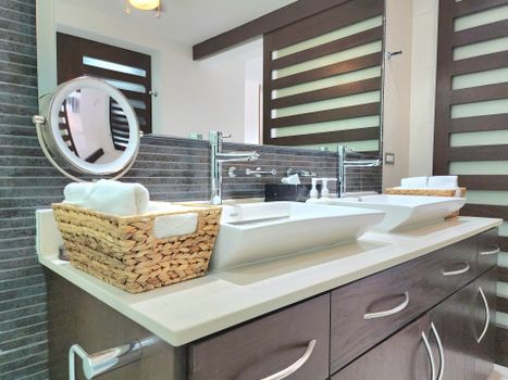 Contemporary bathroom design featuring a sleek double vanity and elegant decor elements.