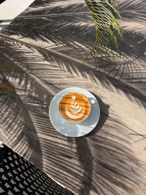 Free A cup of latte with intricate art under palm tree shadows on a wooden table outdoors. Stock Photo