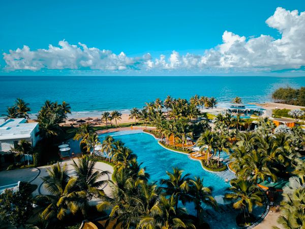 Tropical beach resort with ocean view pool