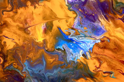 Free Dynamic abstract fluid art with vibrant swirls in yellow, blue, and purple hues. Stock Photo