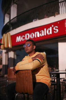 一位时尚男子戴着墨镜，在麦当劳餐厅外随意摆着姿势
