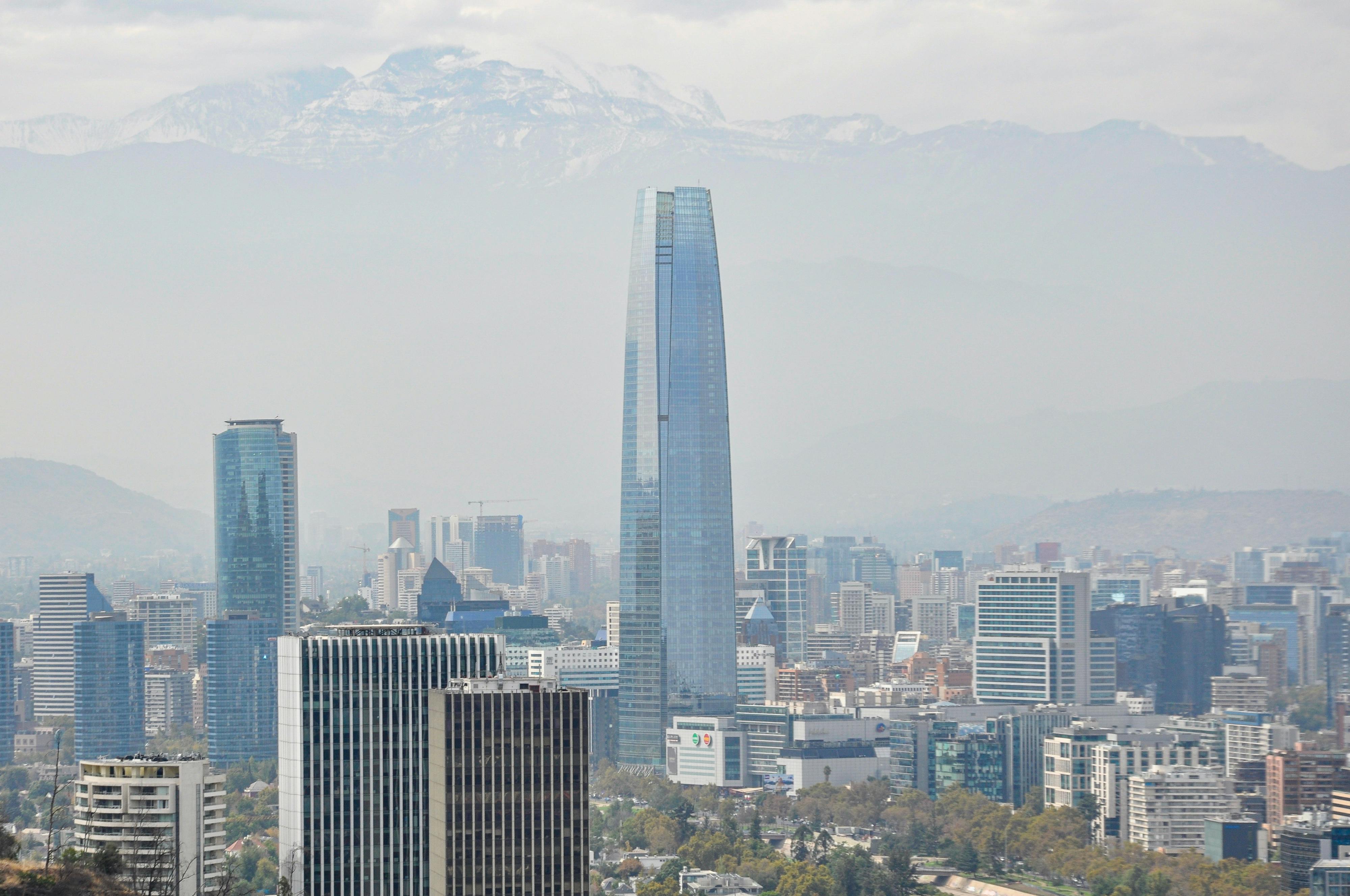 eSIM coverage in Chile — panoramic view of Santiago skyline with Sky Costanera Tower