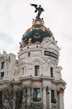 Iconic Metropolis Building dome in Madrid captured in daylight, showcasing intricate architectural details and sculptures.