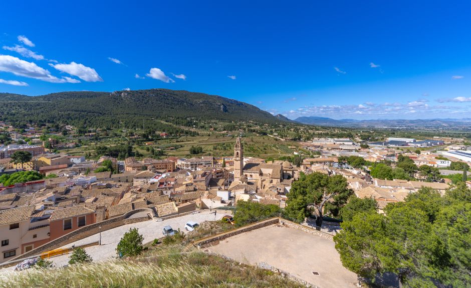 Scenic view over Biar village with surrounding landscape in Comunidad Valenciana, Spain.