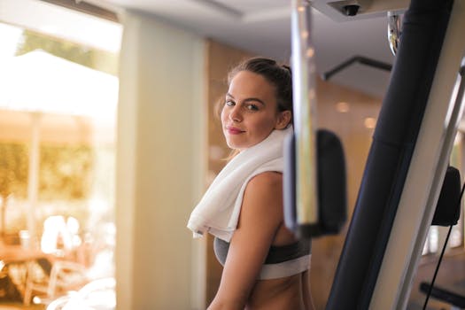 一位年轻女子脖子上围着毛巾在健身房锻炼，散发着健康和健美的气息