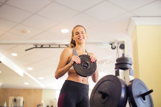 A cheerful woman lifting weights in a gym, promoting fitness and healthy lifestyle.
