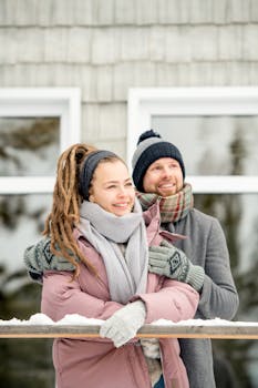 一对情侣穿着保暖的衣服，在白雪皑皑的冬日里微笑着享受户外时光