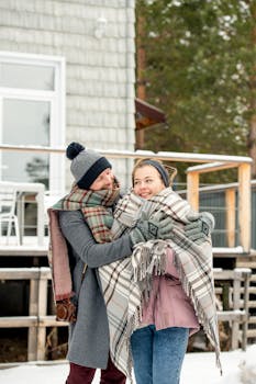 一对夫妇穿着冬装，裹着围巾，在户外热情地拥抱