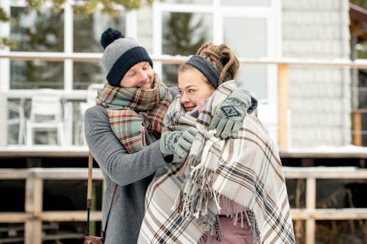 一对夫妇裹着围巾和毯子，在户外享受温暖的冬日