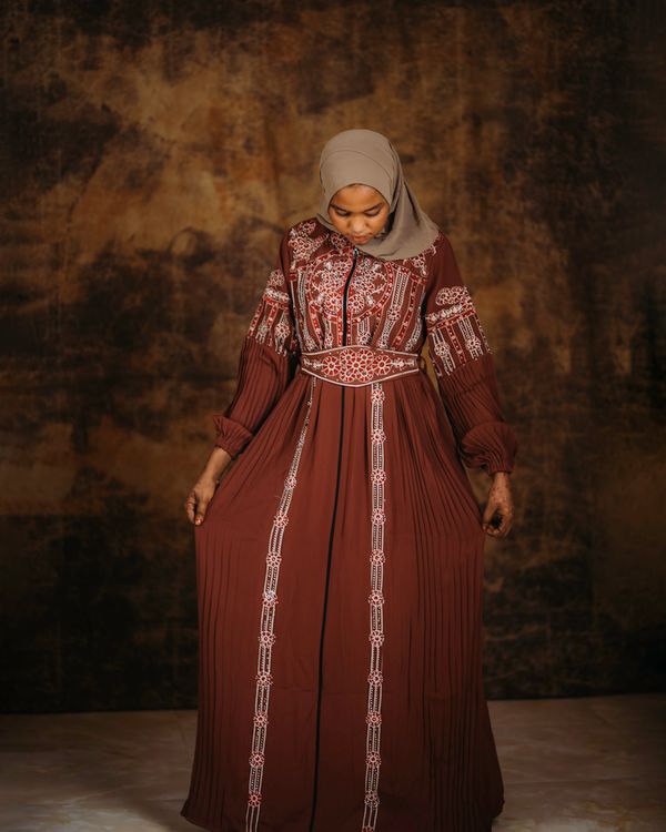 Woman in elegant modest winter dress
