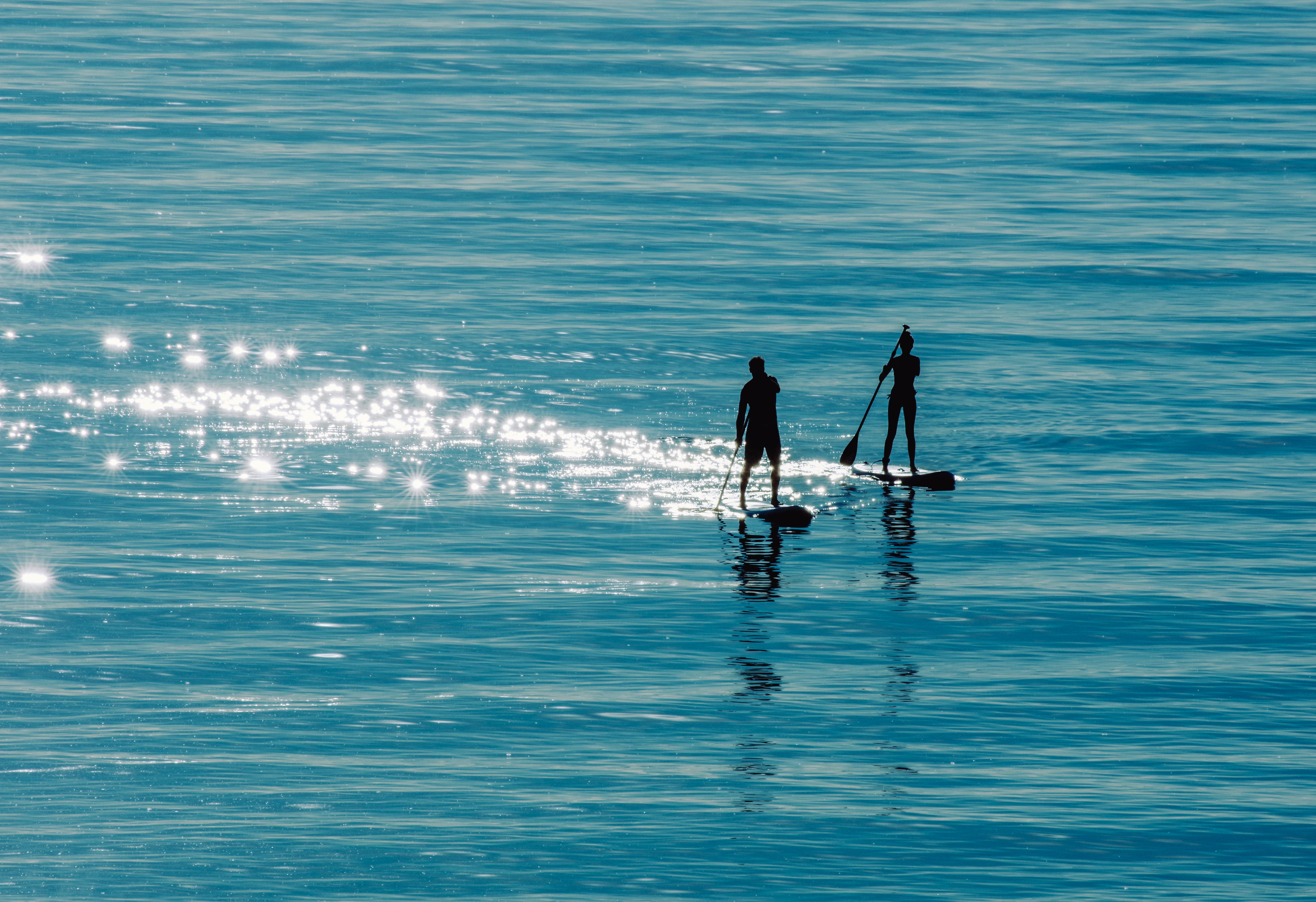 Two people paddleboarding on a glistening body of water under bright sunlight.
