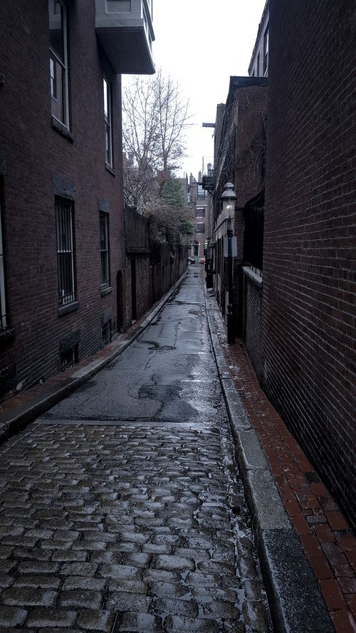 Free A serene cobblestone alleyway lined with historic brick buildings, perfect for urban exploration. Stock Photo