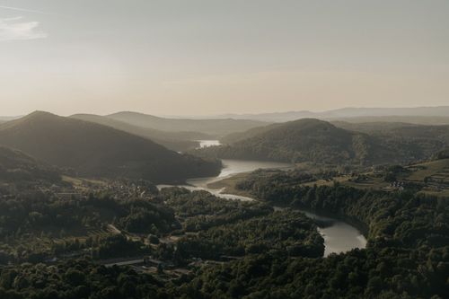 Free A breathtaking aerial view of Solina Lake and surrounding hills in Podkarpackie Voivodeship, Poland. Stock Photo