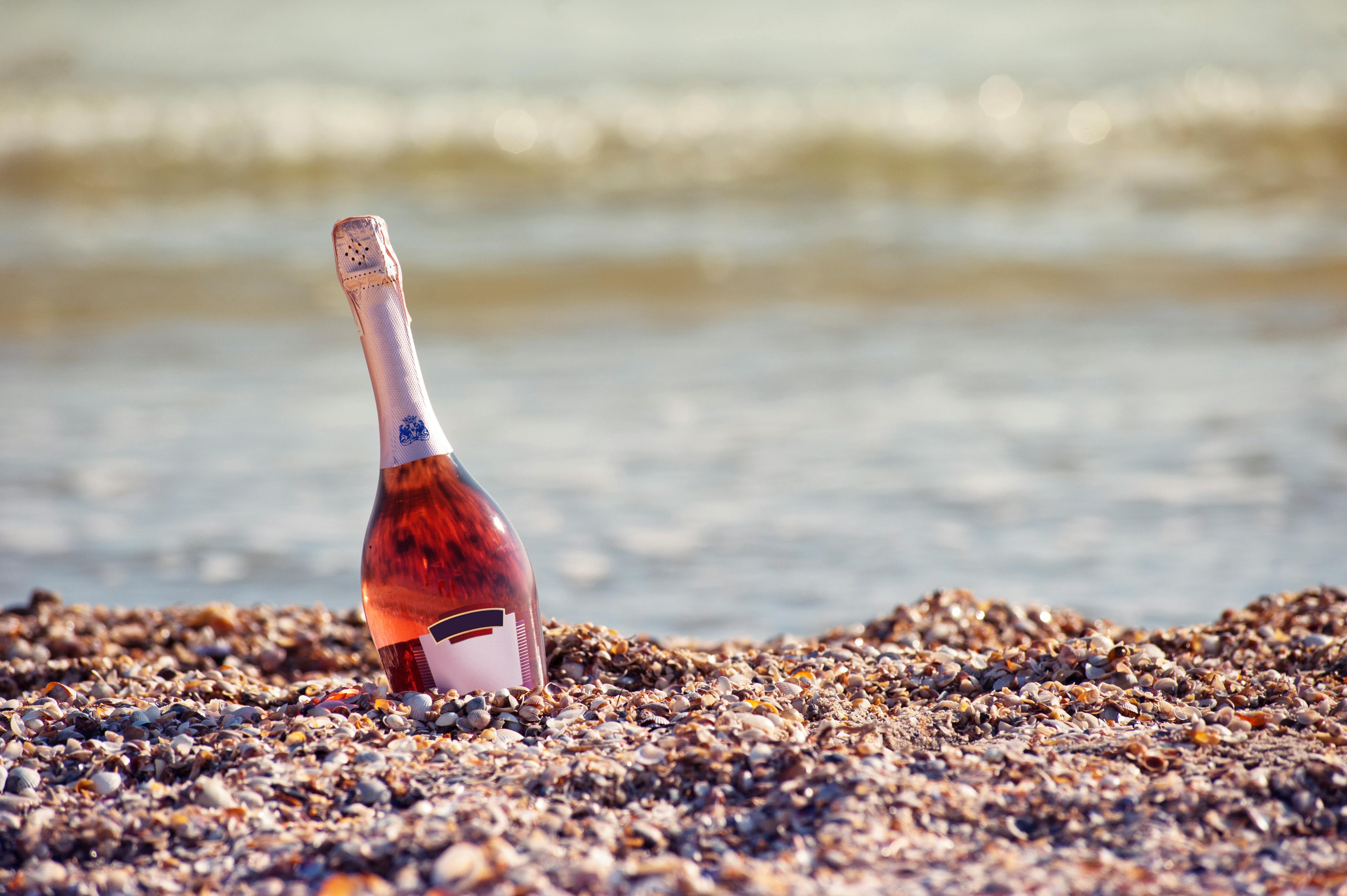 Rose Wine Bottle Buried on Gray Sand