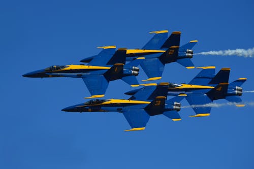 Free Blue and Yellow Jet Plane in Mid Air Stock Photo