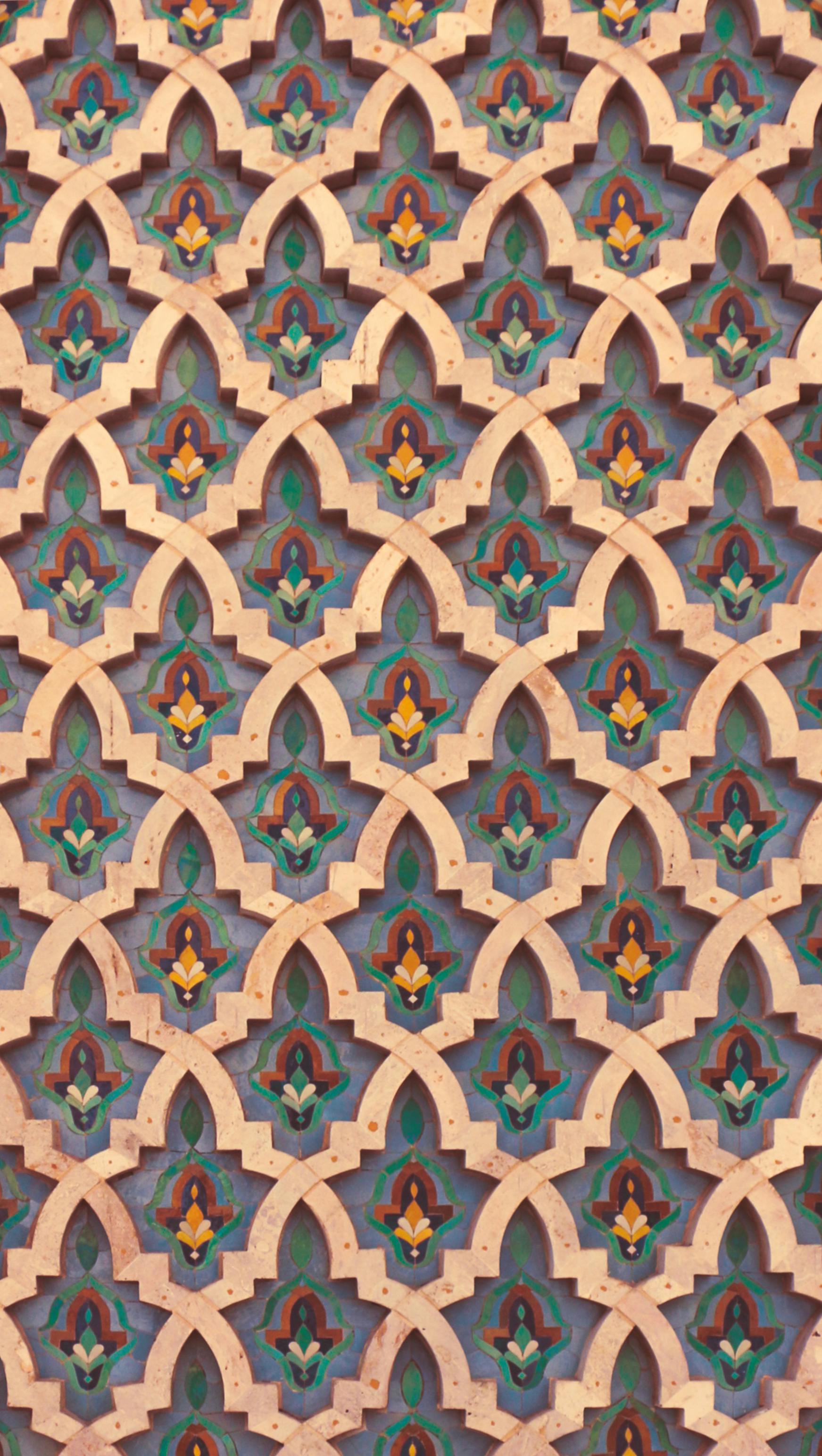 Detailed view of Moorish zellij tilework at Hassan II Mosque, Casablanca, Morocco.