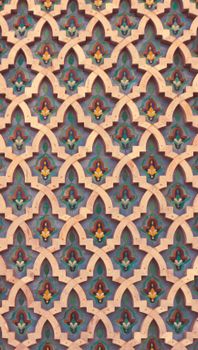 Detailed view of Moorish zellij tilework at Hassan II Mosque, Casablanca, Morocco.