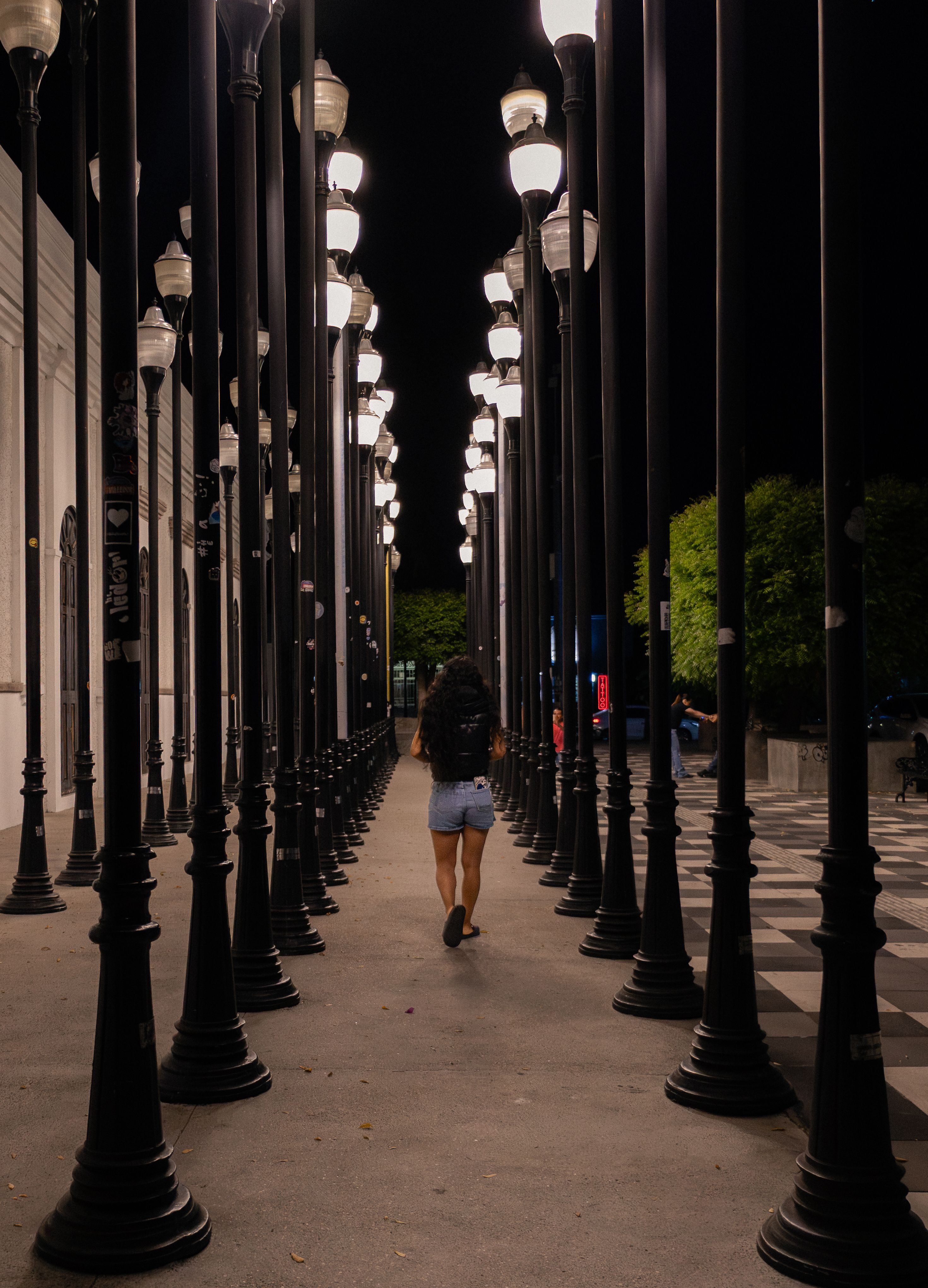 Free A lone figure walks through a pathway of lit street lamps at night in Cabo San Lucas. Stock Photo