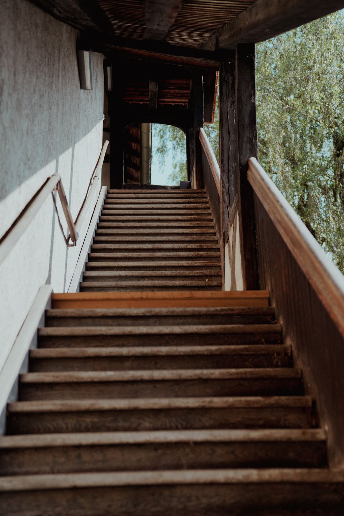 A steep rustic wooden staircase in natural daylight